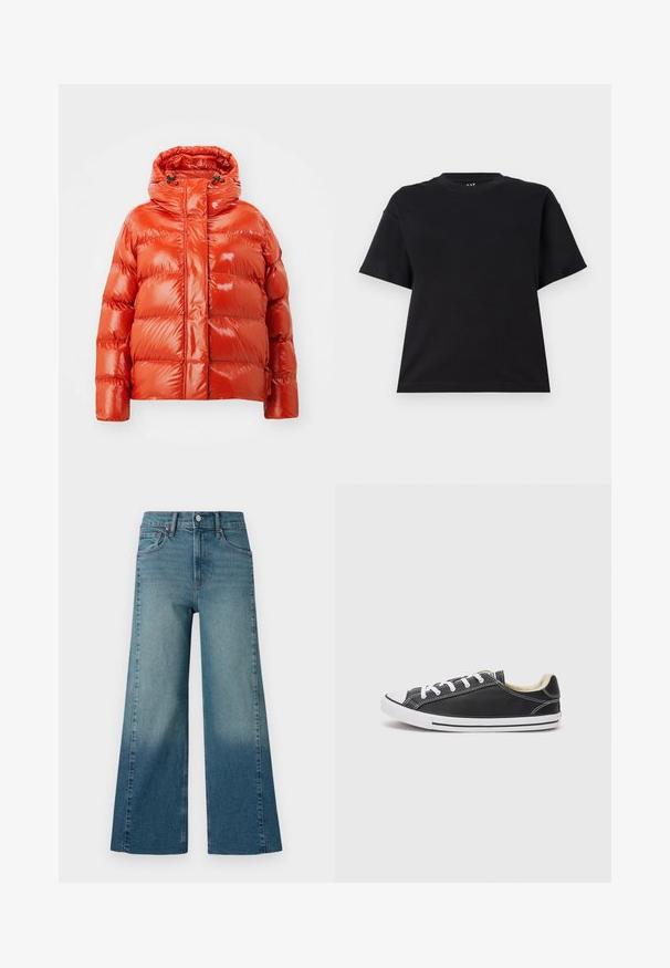 Rode pufferjas met een glanzende afwerking, voorzien van een ritssluiting aan de voorkant, capuchon en een gestikt patroon. Lichtgewicht en geïsoleerd ontwerp.; Zwarte katoenen t-shirt met korte mouwen. Heeft een ronde halslijn, een ontspannen pasvorm en een eenvoudig ontwerp zonder patronen of accenten.; Brede pijpen jeans in een middelmatige blauwe wassing, met een gradient effect van donker naar licht. Gemaakt van denim met een traditionele vijf-pocketstijl.; Converse CHUCK TAYLOR ALL STAR DAINTY LUCKY - Sneakers laag - black/white