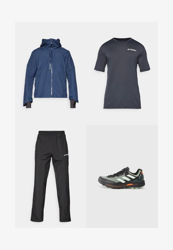 Norrøna LOFOTEN GORE-TEX INSULATED JACKET - Μπουφάν σκι - indigo night; Σκούρο γκρι κοντομάνικο μπλουζάκι φτιαγμένο από ελαφρύ, αναπνεύσιμο υλικό. Διαθέτει στρογγυλή λαιμόκοψη και άσπρο λογότυπο "TERREX" στο μπροστινό μέρος.; Μαύρο ελαφρύ παντελόνι εξωτερικού χώρου με ελαστική μέση, τσέπες με φερμουάρ και εκτυπωμένο λογότυπο. Λείος υφής και ίσια γραμμή στο πόδι.; Ελαφρύ παπούτσι τρεξίματος σε μονοπάτια με γκρι και μαύρο πλέγμα επάνω, πορτοκαλί λεπτομέρειες και ανθεκτική σόλα για πρόσφυση. Αδιάβροχη επένδυση Gore-Tex.