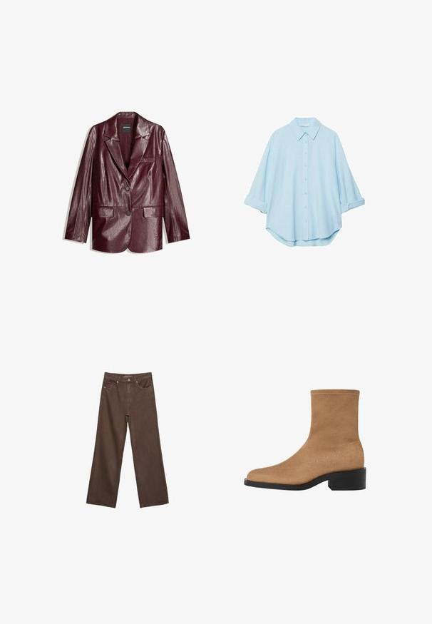 Blazer in finta pelle bordeaux con una texture liscia, chiusura a un pulsante, revers affilati e due tasche frontali.; Camicia azzurra realizzata in un tessuto morbido, con colletto classico, chiusura a bottoni sul davanti e maniche arrotolate per un fit rilassato.; Jeans a gamba larga marroni in denim, con vita alta, tasche anteriori e chiusura a bottone classica. Tessuto liscio con cuciture sottili.; Stivale alla caviglia in camoscio tan con punta quadrata, tacco basso a blocco e design senza cuciture. Presenta una cucitura sottile lungo i bordi.