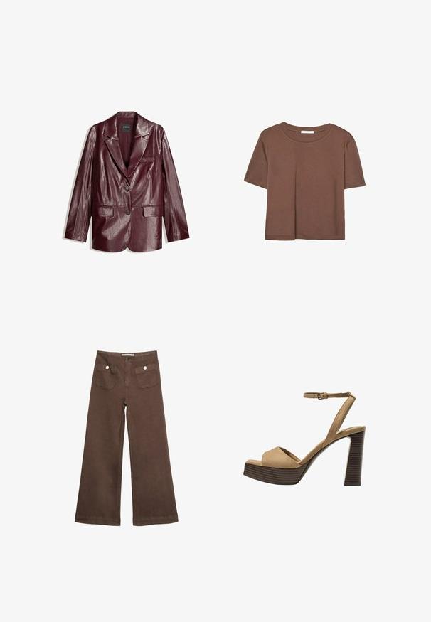Burgundska forma kožna jakna s glatkom teksturom, jednim gumbom, oštrim reverima i dva prednja džepa.; Smeđi kratki rukav majica od mekog materijala, s okruglim izrezom i opuštenim krojem. Nema vidljivih uzoraka ili naglasaka.; Smeđe široke hlače od pamuka, s dva prednja džepa sa srebrnim dugmadima i glatkom teksturom.; Beige suedirane sandale s visokim potpeticama, širokom prednjom trakom i trakicom oko gležnja, s debelom drvenom blok-potpeticom s teksturiranim završetkom.