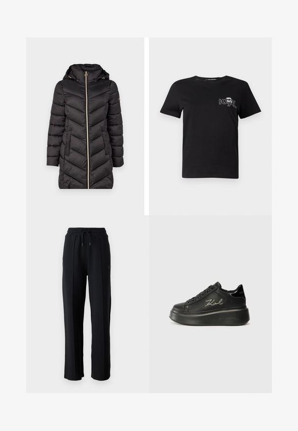 Crna qiltana puf jakna s visokim ovratnikom, zlatnim zatvaračem i dva bočna džepa. Ima chevron šivanje i uklonjivu kapu.; Crna majica kratkih rukava od pamuka. Ima bijelu grafiku s natpisom "KARL" i stiliziranom figurom na prsima. Okrugli izrez.; Crne trenirke s opuštenim krojem, elastičnim pojasom, podesivom vezicom i vertikalnim šavovima duž nogu. Mekani materijal.; Crne platforme tenisice s glatkim kožnim gornjim dijelom, ravnim vezicama i vezom "Karl" na strani. Zaobljen prst i debela potplat.