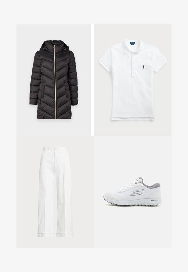 Čierna prešívaná puffová bunda s vysokým golierom, zlatým zipsom a dvomi postrannými vreckami. Obsahuje chevronové prešívanie a odnímateľnú kapucňu.; Biela bavlnená polokošeľa s klasickým golierom, krátkymi rukávmi a námornícky modrou vyšitou značkou na ľavej strane hrudníka. Päťgombíková léga.; Biele široké nohavice s vysokým pásom, s gombíkovým zapínaním a jemnými švovými detailami. Vyrobené z bavlny s hladkou textúrou.; Biele športové topánky s textúrovaným sieťovaným zvrškom, striebornými akcentmi a ľahkou podrážkou s malými trakčnými hrotmi, označené "ULTRA FLIGHT."