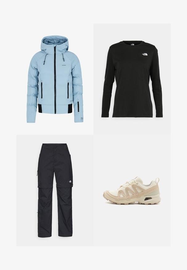 Světle modrá zateplená bunda se zipem vpředu, černými akcenty, nastavitelnou kapucí a dvěma bočními kapsami. Vyrobena z voděodolného materiálu.; Černé tričko s dlouhým rukávem vyrobené z bavlny s kulatým výstřihem. Na levé části hrudi se nachází malé bílé logo. Jednoduchý design a střih.; Černé nylonové cargo kalhoty na zip s nastavitelnými manžetami, několika kapsami a logem na pravé noze. Hladká, lehká textura.; Béžová a krémová sportovní obuv s texturovaným síťovaným svrškem, podpůrnými překryvy a gumovou podrážkou s dezénem pro lepší přilnavost.
