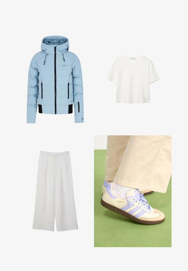 Svetlomodrá izolačná bunda so zipsom, čiernymi akcentami, nastaviteľnou kapucňou a dvoma bočnými vreckami. Vyrobená z nepremokavého materiálu.; Biela krátkopsová tričko vyrobené z bavlny. Má okrúhly výstrih a voľný strih. Hladká textúra bez viditeľných vzorov alebo akcentov.; Biele široké nohavice z ľahkého materiálu s elastickým pásom a šnúrkou na nastavenie veľkosti. Hladká textúra.; Krémovo-fialové tenisky so tromi pruhmi a štruktúrovanou hnedou podrážkou, s šnúrkami a polstrovaným opätkom. Mäkký textilný zvršok.