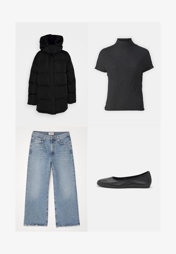 Svart boblejakke med hette, med quiltet design og frontglidelås, laget av et glatt og lett stoff.; Svart t-skjorte med høy hals og korte ermer, laget av lett stoff med en glatt tekstur og en tettsittende passform, med en høy utringning.; Agolde HARPER CROP - Wide leg - blue; Svart skinnballettflatt med rund tå, glatt tekstur, minimal sømdetalj, og et fleksibelt såledesign.
