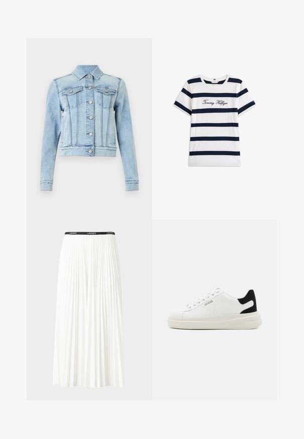 Svijetloplava traper jakna s ovratnikom, prednjim gumbima i dva džepa na prsima. Ima vidljive šavove i skraćeni dizajn.; Pamučna majica s horizontalnim tamnoplave pruge na bijeloj pozadini. "Tommy Hilfiger" izvezeno kurzivom na prsima. Okrugli izrez.; Nabrana bijela suknja s crnim elastičnim pojasom na kojem se nalazi logo "LACOSTE". Srednje dugačak dizajn s mekim teksturom.; Bijele kožne tenisice s debelim bijelim potplatom, crnim zamšastim akcentom na peti i ugraviranim logom sa strane. Dizajn s vezicama i šest rupa za vezivanje.