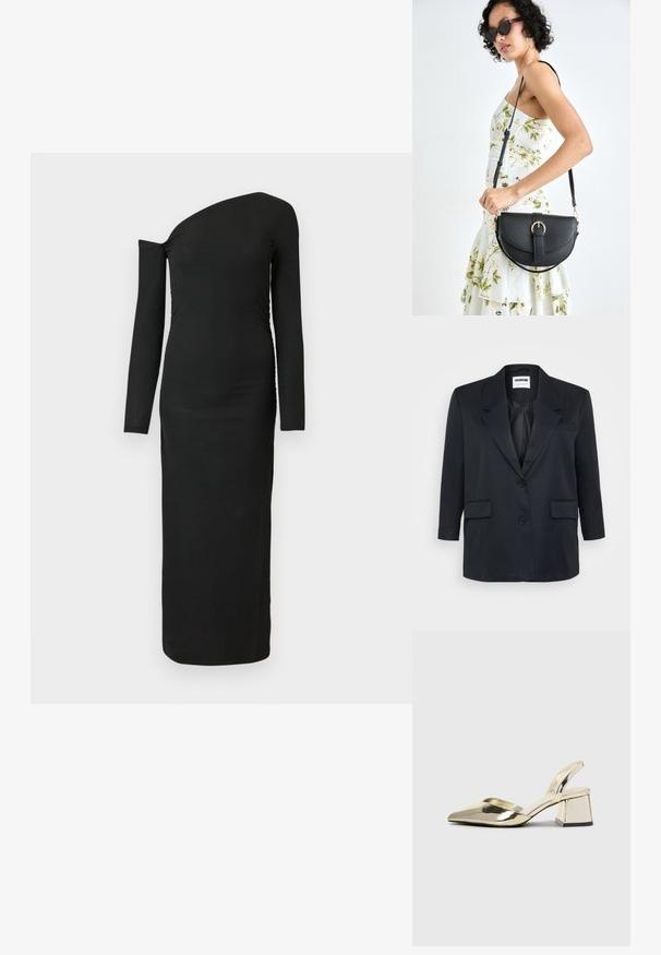 Blazer nero su misura con chiusura a un bottone, maniche lunghe, rever a gola e due tasche frontali. Tessuto liscio e design strutturato.; Abito nero attillato a maniche lunghe con scollatura asimmetrica e dettaglio arricciato sul lato, realizzato in tessuto a costine.; Tacchi slingback metallici color oro con punta appuntita e tacco grosso. Texture liscia, design minimalista e una cinghia stretta.; Borsa a tracolla nera in pelle con una forma curva, manico rimovibile e accessori dorati. La borsa presenta una patta con un dettaglio a fibbia.