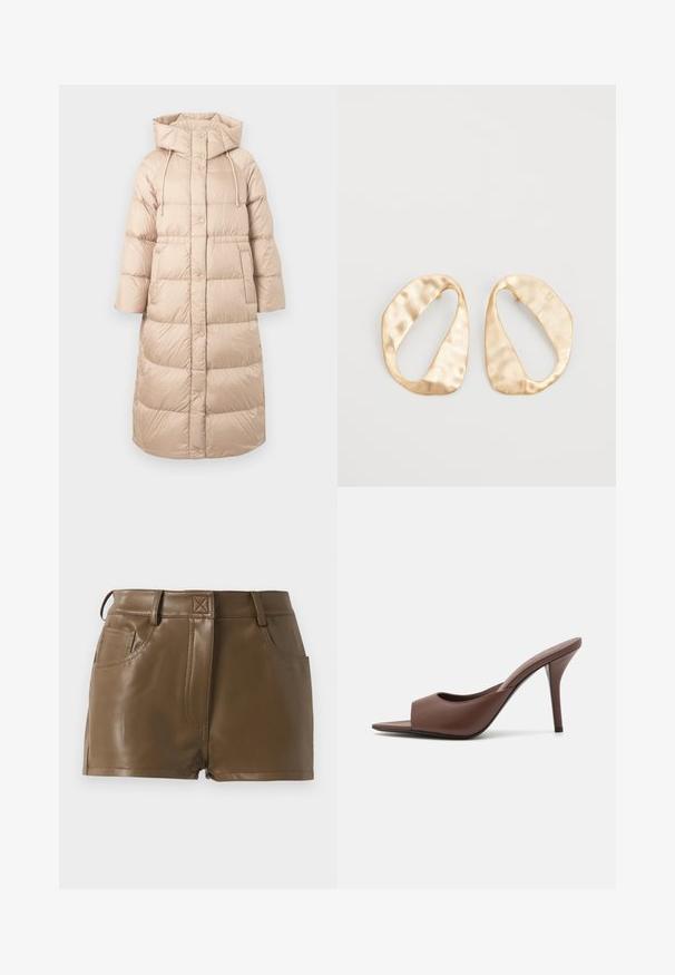 Beige pufferjack met een capuchon, met een doorgestikte ontwerp, voorknopjes en zijzakken. Gemaakt van soepel, lichtgewicht materiaal.; Wit T-shirt met lange mouwen, gemaakt van ribgebreide katoen, met een ronde halslijn en een rechte zoom. Eenvoudig ontwerp zonder patronen of accenten.; Bruine faux leren shorts met een fitted ontwerp, tailleband met riemlussen, zijzakken en zichtbare stikdetails.; Bruine leren open-teen hoge hak muiltjes met een slank ontwerp, voorzien van een brede voorkruistrap en een slanke stiletto hiel.; Een paar onregelmatig ovale, gouden metalen oorbellen met een gestructureerd, lichtgehamerd oppervlak op een witte achtergrond.