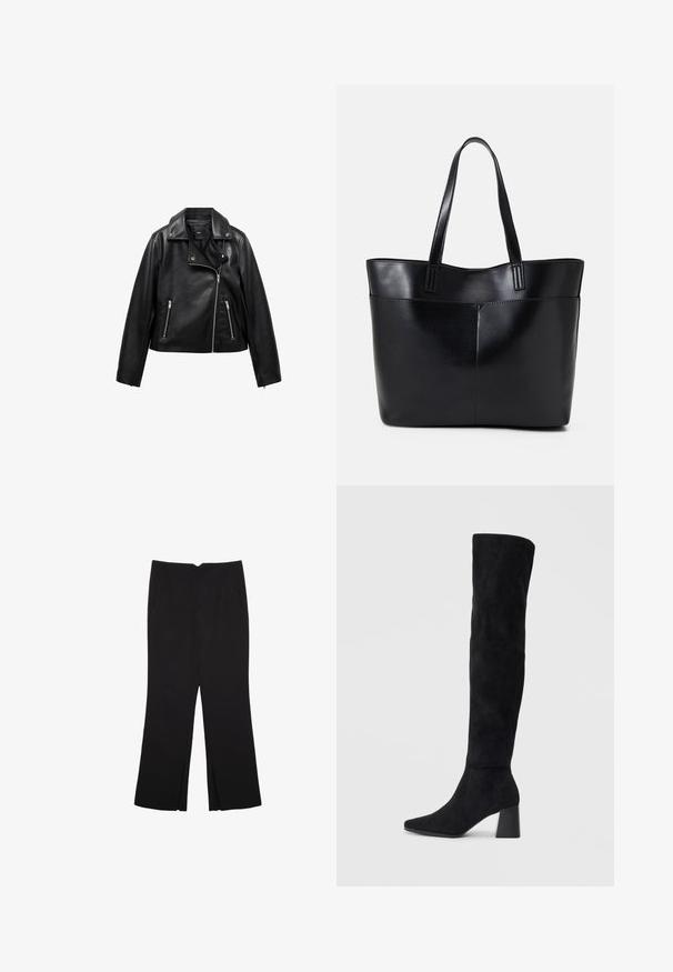 Černá kožená moto bunda se zipem vpředu, dvěma bočními kapsami a klopovým límcem. Hladká textura a zkrácený design.; Anna Field Triko s potiskem - black; Černé kalhoty s rovným střihem, s předními kapsami a bočními rozparky na lemu. Vyrobené z jemné, hladké tkaniny. Vhodné na různé příležitosti.; Černé semišové vysoké boty s blokovým podpatkem, špičatou špičkou a hladkým, bezšvovým designem na jednoduchém světlém pozadí.; Černá kožená taška s dlouhými ušima, hladkým povrchem a strukturovaným tvarem. Obsahuje přední kapsu pro další úložný prostor.