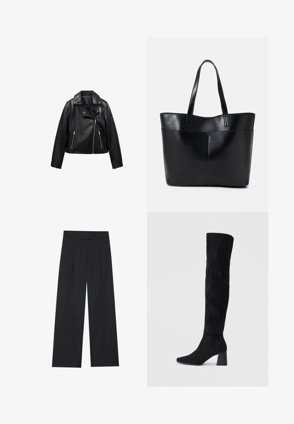 Black leather biker jacket with zippered front, two side pockets, and notched collar. Smooth texture and cropped design.; Black long-sleeve top featuring flared cuffs, soft texture, and a relaxed fit, with a simple round neckline.; Black wide-leg trousers with a smooth texture, featuring two front pleats, a waistband, and no visible hardware or pockets.; Black suede knee-high boot with block heel, pointed toe, and smooth, seamless design on a plain light background.; Black leather tote bag with two long handles, a smooth texture, and a structured shape. Features a front pocket for additional storage.
