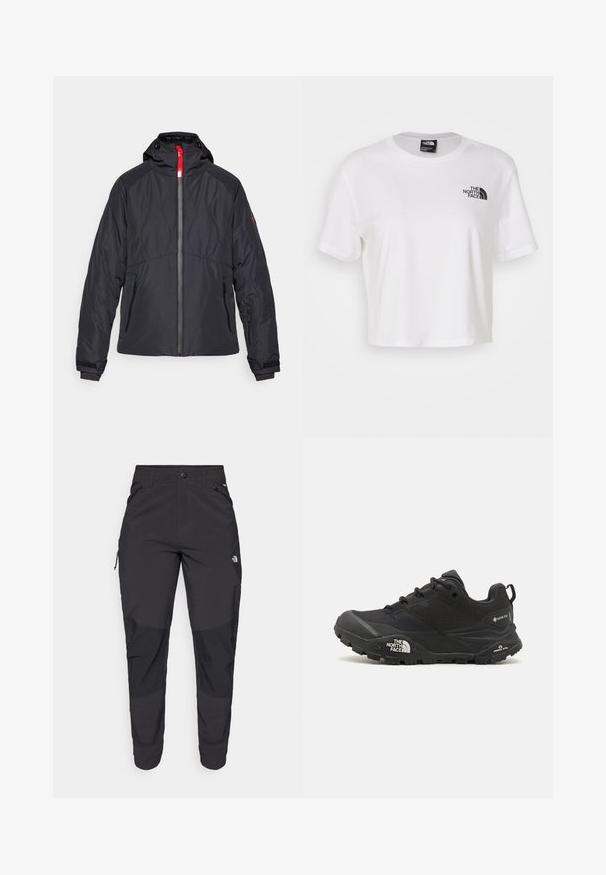 Casaco isolado preto com fecho frontal, um detalhe em vermelho, capuz ajustável e bolsos com zíper. Apresenta um padrão acolchoado na parte do torso.; T-shirt cropped branca feita de algodão com gola redonda e mangas curtas. Apresenta um logótipo preto no lado esquerdo do peito.; Calças pretas para exterior feitas de um tecido resistente. Apresentam bolsos com fecho, painéis de joelhos reforçados e um design de corte reto para maior mobilidade.; Shoe de caminhada preto com um upper texturizado, fecho de atacador e uma sola de borracha robusta com um logótipo proeminente na lateral e padrões de piso.