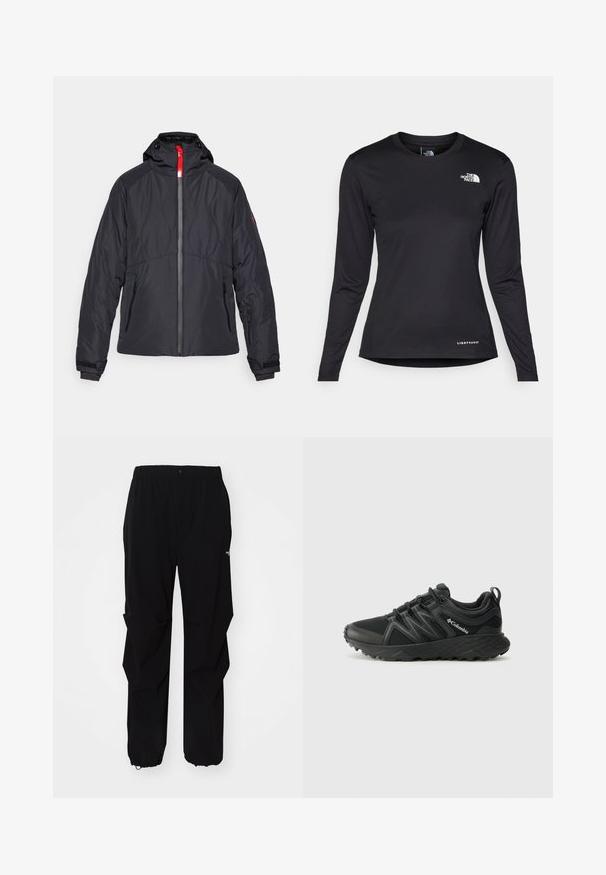 Black insulated jacket with a zip front, a red accent, adjustable hood, and zippered pockets. Features quilted design on the torso.; The North Face SHADOW LONG SLEEVE - Long sleeved top - black; Black outdoor pants made from durable material, featuring a relaxed fit, elastic waistband, and cinched cuffs for adjustable length.; Columbia PEAKFREAK - Hiking shoes - black