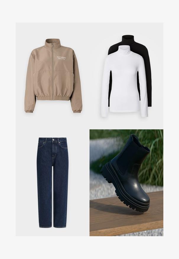 Béžová větrovka s vysokým límcem, elastickými manžetami a spodním lemem. Má přední zip a logo "New Balance Athlete Club".; Dvě dlouhé rolákové topy, jeden bílý a jeden černý, vyrobené z hladkého, elastického materiálu, oba s přiléhavým střihem a vysokými límci.; Tmavě modré džíny z denimu s rovným střihem nohavic, vysokým pasem, stříbrným kováním, předními kapsami a jemnými ševními detaily. Klasický pětikapsový design.; Černá kožená kotníková bota s robustní podrážkou, elastickými bočními panely a hladkým povrchem. Vysoký design s kontrastním vzorem na podrážce.