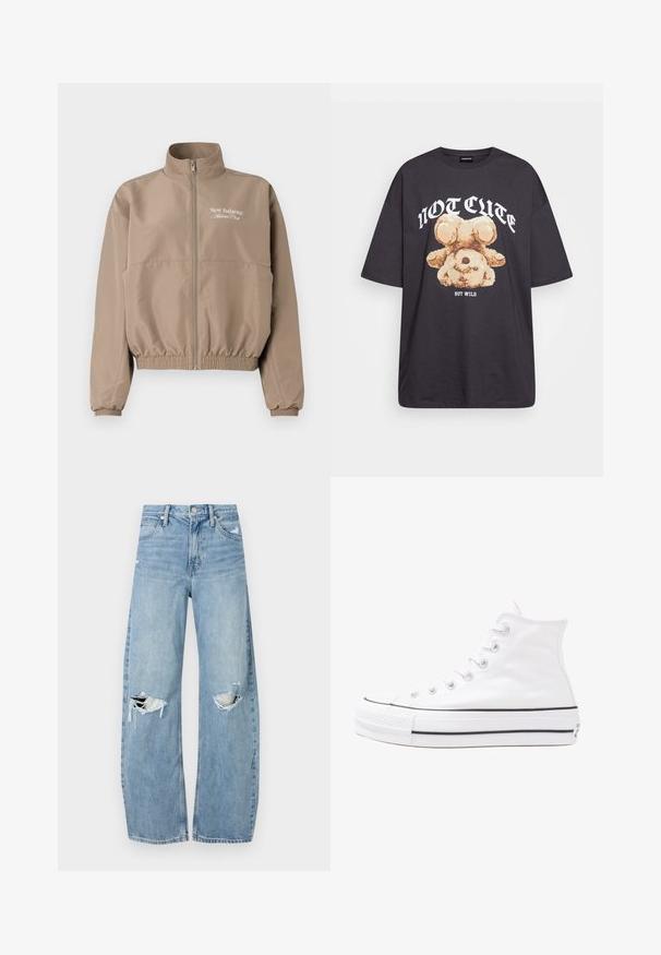 Beige vindjakke med høy krage, elastiske mansjetter og bunnkant. Har glidelås foran og "New Balance Athlete Club"-logo.; Svart oversized t-skjorte med en grafikk av en bjørn og teksten "IKKE SØT, MEN VILL" i fet, hvit skrift. Laget av bomull.; Lyseblå høytlivsjeans laget av denim. Har vide bein, to revne knær og klassisk fem-lommers design.; Hvit høy-skinn kanvas sneakers med svart gummisåle, gummitåhette foran og seks hull for snorer, med et rent, minimalistisk design.