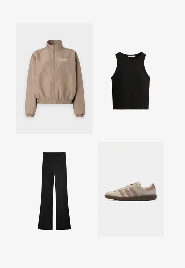 Peščani vetrovka z visokim ovratnikom, elastičnimi manšetami in spodnjim robom. Ima sprednji zadrgo in logotip "New Balance Athlete Club".; Črni rebrasti top, ki ima okroglo izrez in široke armholes. Material se zdi mehak in ima telesu prilegajoč dizajn.; Črne hlače širokega kroja, z visokim pasom in stranskimi režami za lažje gibanje. Narejene iz gladkega, elastičnega materiala.; Bež športni copat iz nubuka z roza akcenti, ki vključuje tri prekrivajoče se stripe, teksturiran zaščitni del na prstih in gumijast podplat z utorom.