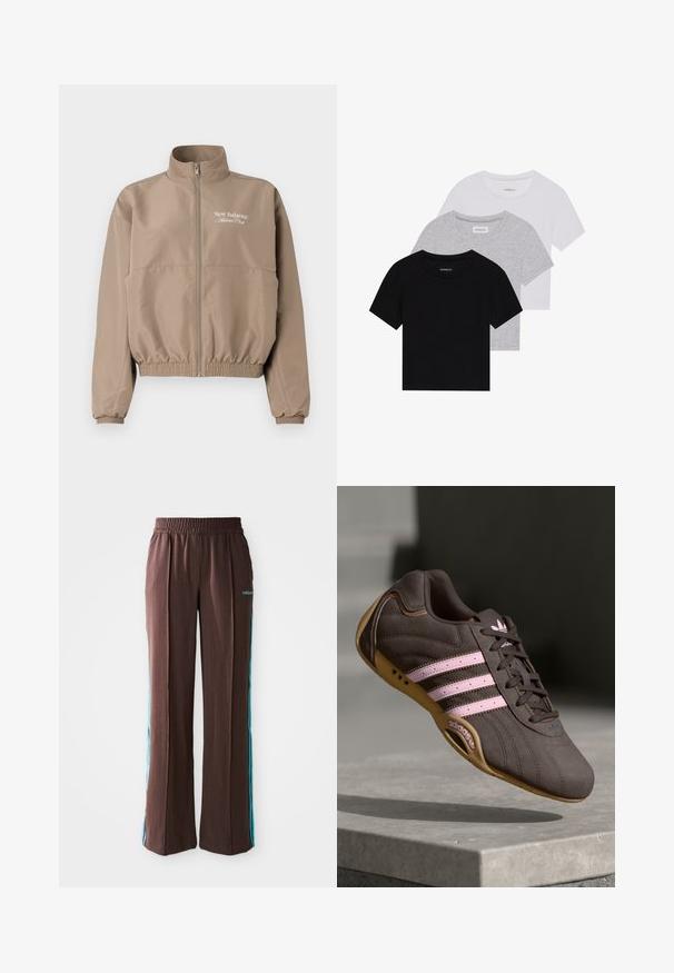 Béžová větrovka s vysokým límcem, elastickými manžetami a spodním lemem. Má přední zip a logo "New Balance Athlete Club".; Sada tří triček s krátkým rukávem v černé, šedé a bílé barvě. Vyrobena z bavlny, s kulatým výstřihem a jednoduchým jednobarevným designem.; Hnědé sportovní kalhoty s jemnými pruhy, elastickým pasem a tyrkysovými bočními pruhy. Na přední straně se nachází logo adidas.; Hnědé semišové sportovní boty s růžovými pruhy a logem, s texturovaným svrškem, šněrováním a gumovou podrážkou.