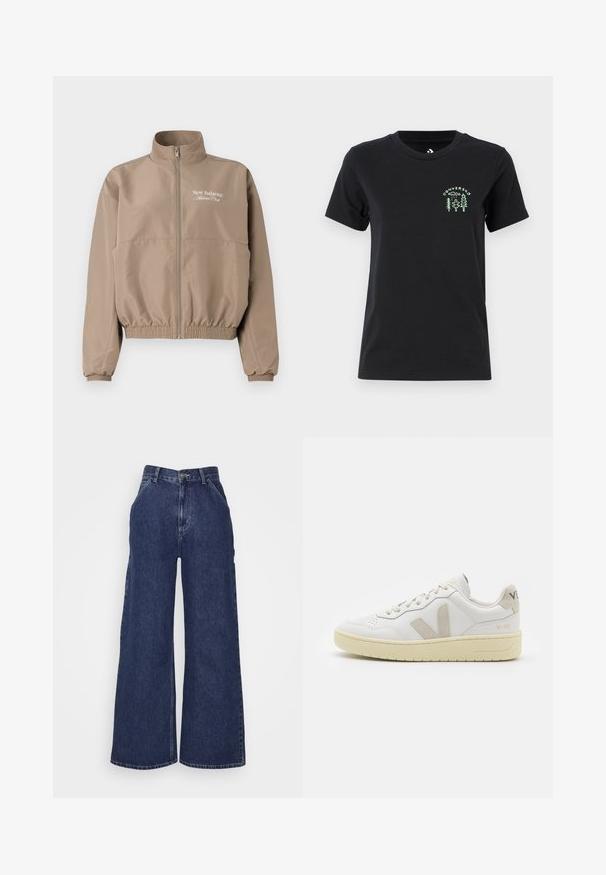 Tanjastopna jakna s visokim ovratnikom, elastičnim manžetama i donjim rubom. Ima prednji patentni zatvarač i logo "New Balance Athlete Club".; Converse FOREST ART TEE - Majica kratkih rukava s printom - black; Široke traperice tamnoplave boje, s visokim strukom, prednjim džepovima i zatvaračem s metalnim gumbom. Glatka tekstura i klasičan dizajn.; Bijele kožne tenisice s bež nubuk naglascima, perforiranim prednjim dijelom, ravnim čipkama i teksturiranom kremastom potplatom. Sadrži suptilni brend na pete.