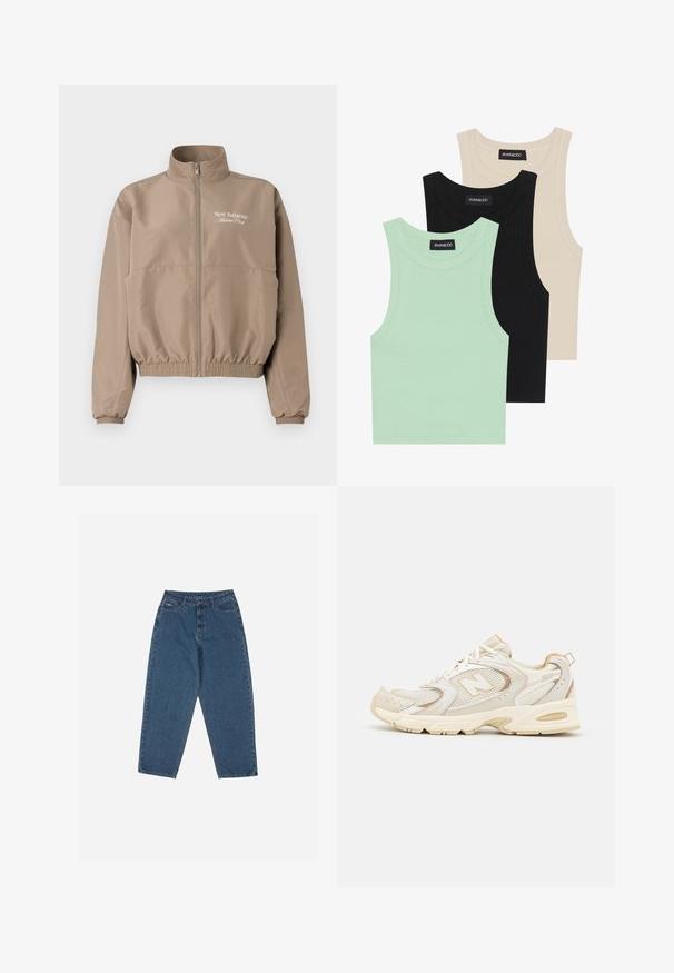 Tanskleurige windbreakerjack met een hoge kraag, elastische cuffs en een elastische onderrand. Voorzien van een verdwijnrits en het logo van de "New Balance Athlete Club".; Drie tanktops in mintgroen, zwart en beige; gemaakt van ribbelstof met een ronde halslijn en zonder mouwen. Merkenlabel zichtbaar.; Blauwe denim jeans met een ontspannen pasvorm, hoge taille, vijf-pocket ontwerp en stikselaccenten. Voorzien van een knoop- en ritssluiting.; Beige sport schoenen met gaas- en synthetische overlays, voorzien van een textuur, een gevoerde kraag en "ABZORB" demping bij de hiel.