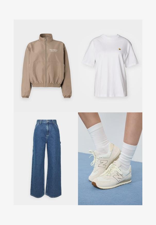 Veste coupe-vent beige avec un col haut, des poignets élastiques et un ourlet inférieur. Comprend une fermeture éclair à l'avant et un logo "New Balance Athlete Club".; T-shirt en coton blanc avec une coupe décontractée, des manches courtes et un petit logo brodé sur la poitrine gauche.; Pantalons en denim bleu à jambes larges avec taille haute, couture contrastée et poches latérales, présentant un design classique à cinq poches et des ourlets bruts.; Baskets New Balance beiges avec des matériaux en mesh et en daim, dotées d'une semelle crème clair et d'une marque grise. Associées à des chaussettes blanches côtelées.