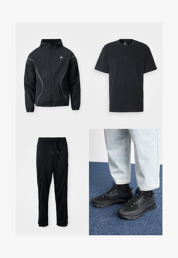 Jachetă neagră tip windbreaker cu glugă, cusături albe accentuate și un logo brodat pe piept. Mansete și tiv elastic pentru o potrivire strânsă.; Tricou din bumbac negru Nike, cu guler rotund clasic, mâneci scurte și un logo subtil embosat pe piept. Textură netedă.; Pantaloni casual negri cu șnur la talie, cu buzunare laterale și croială dreaptă, pe un fundal simplu.; Pantofi sport negri, cu țesătură texturată și tălpi din cauciuc, având șireturi elastice și un accent albastru pe toc. Purtați cu pantaloni din denim deschis.