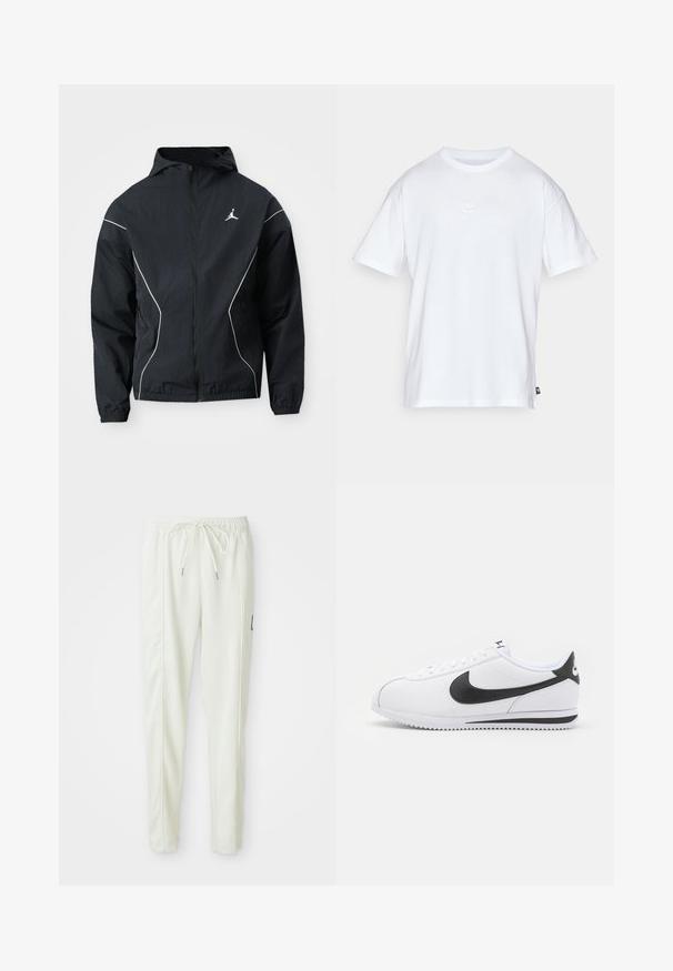 Giacca a vento nera con cappuccio, cuciture bianche di accento e logo ricamato sul petto. Polsini ed orlo elastici per una vestibilità aderente.; T-shirt bianco in cotone con maniche corte e colletto tondo. Presenta un piccolo e discreto logo Nike sul petto e un'etichetta laterale.; Pantaloni jogger slim-fit bianchi con vita elasticizzata e cordino, caratterizzati da dettagli sulle cuciture laterali e un piccolo patch nero sulla gamba destra.; Sneaker in pelle bianca con logo Nike nero, lacci piatti e suola in gomma testurizzata. Punta arrotondata e collare imbottito per il comfort.