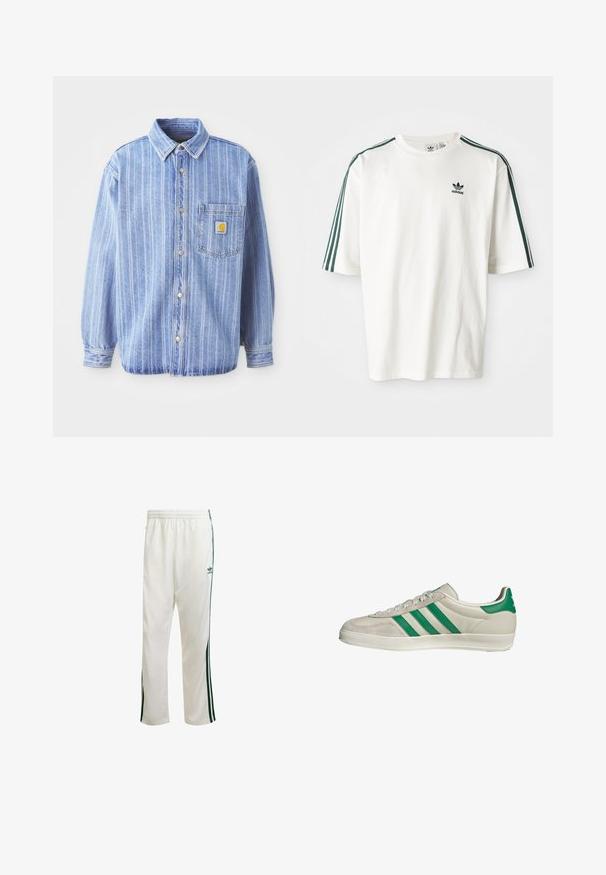 Lichtblauwe denimoverhemd met verticale witte strepen, puntkraag, knoopsluiting aan de voorkant, een enkele borstzak en Carhartt-logo patch.; Witte katoenen T-shirt met korte mouwen, voorzien van donkere groene strepen langs de schouders en een klein zwart Adidas-logo op de borst.; Witte sportbroek met groene zijkanten, elastische tailleband en een logo aan de bovenkant aan de linkerkant. Gemaakt van lichtgewicht stof.; Beige sneaker met groene strepen, voorzien van een witte zool en een bovenkant van glad leer. Zijaanzicht dat de veters en het logo benadrukt.