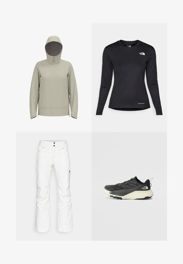 Kerge beež veekindel jakk kapuutsi, esiseeliku, long varrukate ja nööriga aktsentidega taljes ja mansettides. Sile tekstuur.; The North Face SHADOW LONG SLEEVE - Pikkade varrukatega topp - black; Valged lume püksid sirge jala kujundusega, kahte esiktaskut ja kahte musta nööbi kinnitust. Tekstuuriga kangas musta brändingu detailiga.; Musty mustusjalats musta pealisega, millel on tekstuur, hallid aktsendid ja valge vaheosa. Sisaldab tõmbeosa ning silmapaistvat brändi logo kandadel.