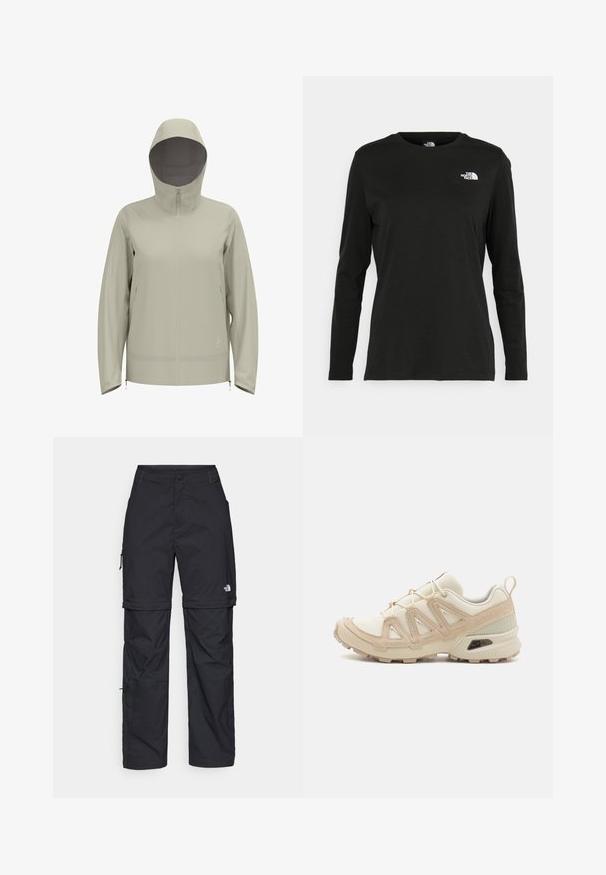 Light beige waterproof jacket with a hood, front zipper, long sleeves, and drawstring accents at the waist and cuffs. Smooth texture.; Black long-sleeve t-shirt made of cotton with a round neck. Features a small white logo on the left chest area. Simple design and fit.; Black nylon zip-off cargo trousers with adjustable cuffs, multiple pockets, and a logo on the right leg. Smooth, lightweight texture.; Beige and cream athletic shoe with textured mesh upper, supportive overlays, and rubber outsole featuring a tread pattern for traction.