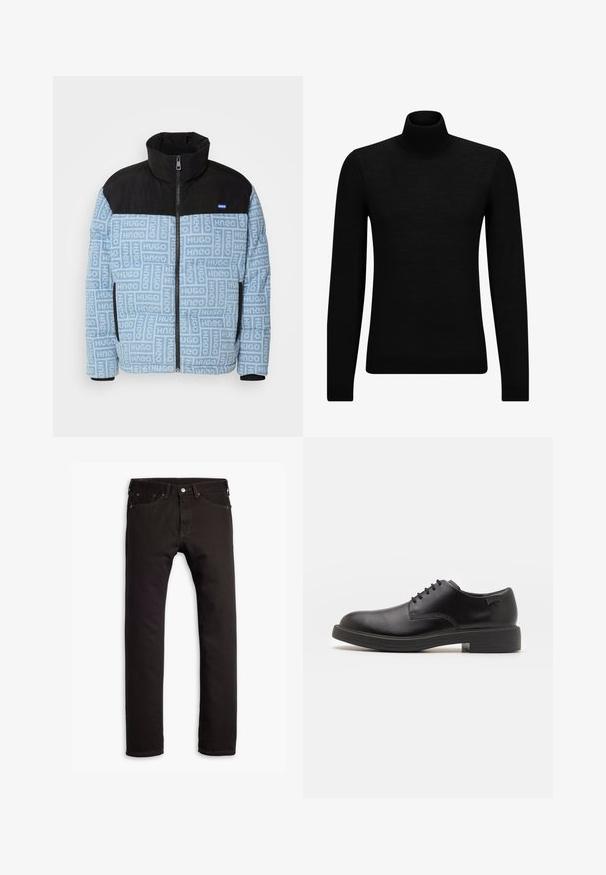 HUGO BYRES - Ziemas jaka - navy; Melnā augstā kakla džemperis, kas izgatavots no mīksta materiāla, ar garām piedurknēm un pieguļušu piegriezumu. Ribota apdare ap apakšu un piedurknēm. Vienkāršs dizains.; Melni šaurie džinsi ar piecām kabatām un pogu aizdari, izlikti uz balta fona.; Melna āda sašūta kurpe ar noapaļotu purngalu, gludu tekstūru, minimālu šuvju skaitu un zemu gumijas papēdi. Logo uz papēža.