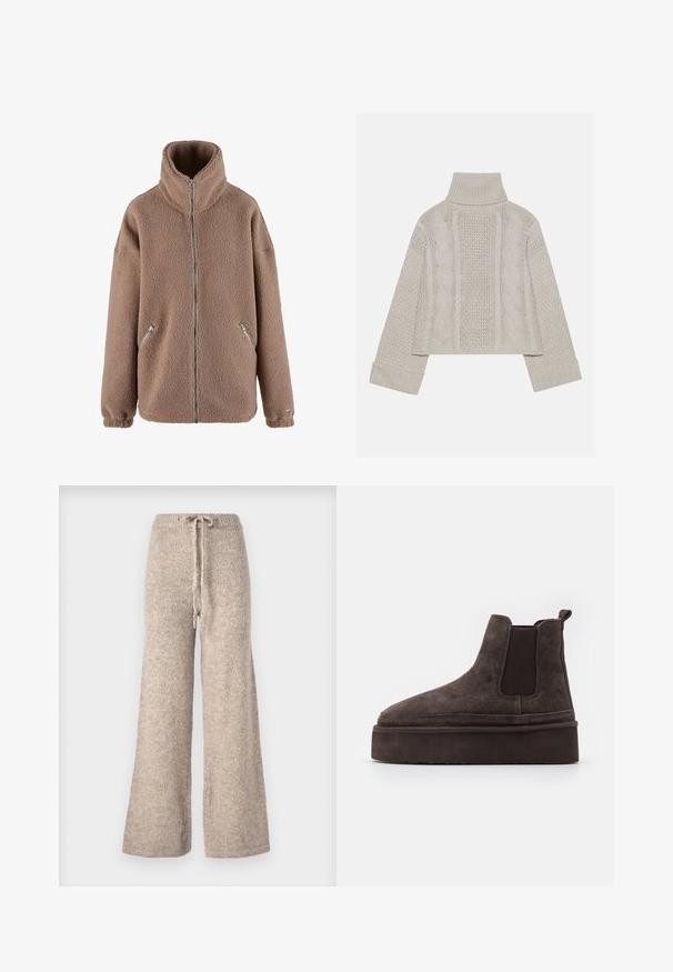 aim’n® Flīsa jaka - dark clay; Izgriezts, gaiši pelēks adīts džemperis ar augstu apkakli un ribotiem piedurknēm, ar fakturētām virknēm gar muguru un sāniem.; Beige brīvā stila bikses, kas izgatavotas no teksturētas adītas auduma, ar vilkšanas jostu un brīvu piegriezumu.; Brūni zamša Chelsea zābaki ar elastīgiem sānu paneļiem un biezas, teksturētas platformas zoli. Iespējams, ir vilkšanas cilpa uz papēža, kas atvieglo uzvilkšanu.