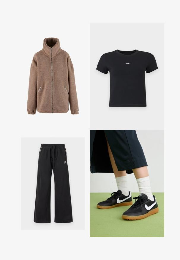 aim’n® Flísová bunda - dark clay; Čierne tričko s krátkym rukávom vyrobené z bavlny s okrúhlym výstrihom. Obsahuje biele logo Nike na hrudi, minimalistický dizajn a priliehavý strih.; Čierne tepláky z mäkkej tkaniny, s elastickým pásom a šnúrkou, bočnými pruhmi a malým logom na prednej ľavej strane.; Čierne kožené a syntetické tenisky so bielym logom Nike, gumenou podrážkou, okrúhlou špičkou a čiernymi šnúrkami. Viditeľné biele pruhované ponožky.