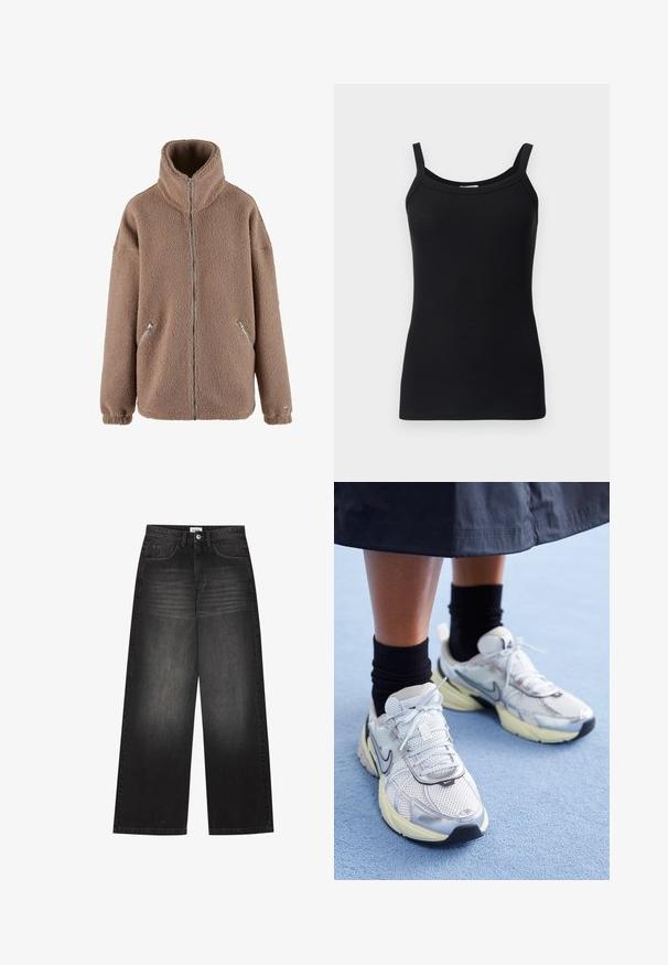 aim’n® Jakna od flisa - dark clay; Crna rebrasta majica bez rukava s tankim naramenicama, s okruglim izrezom i prilagođenim krojem. Mekana tekstura i rastezljivi materijal.; YOURTURN UNISEX - Vrećaste traperice - black denim; Bijele i srebrne Nike tenisice od mrežaste tkanine, s reflektirajućim detaljima i bež potplatom. Nosi se s crnim čarapama, stojeći na plavoj površini.