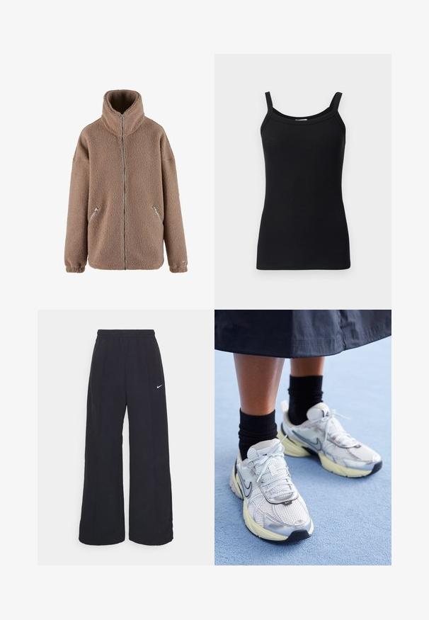 aim’n® Giacca in pile - dark clay; Top nero a coste con spalline sottili, caratterizzato da un collo rotondo e un design aderente. Tessuto morbido e elasticizzato.; Pantaloni neri a gamba larga con cintura elastica e un piccolo logo Nike bianco. Il tessuto ha una texture liscia, progettata per il comfort e l'abbigliamento casual.; Nike sneakers bianchi e argento con tessuto in rete, dettagli riflettenti e suola beige. Indossati con calze nere, in piedi su una superficie blu.