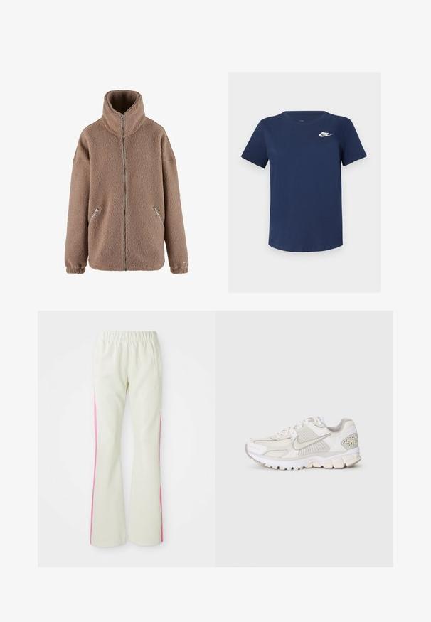 aim’n® Fliisjakk - dark clay; Tumed sinine puuvillane t-särk ümmarguse kaelusega, lühikeste varrukatega ning vasakus rinnas valge Nike logo. Sile tekstuur ja lihtne disain.; Heledad beežid püksid elastse vöökoha ja roosade külgmiste paneelidega, mis sisaldavad küljetaskuid. Sile tekstuur ja sirge lõige.; Valge spordijalats, mis on valmistatud võrkpinnast ja sünteetilistest materjalidest. Omab tekstuurset disaini, pehmendatud kaelaosasid ja geomeetrilisi aktsente kannal.