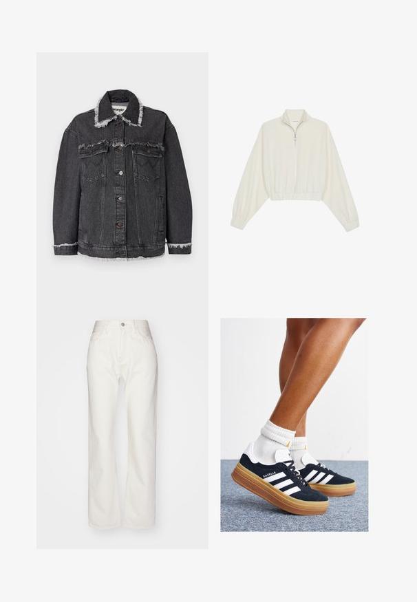 Crna traper jakna s izlizanim ovratnikom i rubom, koja ima dva prednja džepa, zatvaranje na dugmad i opušteni kroj. Wrangler oznaka vidljiva unutra.; Skraćeni pulover od kremastog materijala, s visokim ovratnikom, zatvaranjem na polovicu munje, elastičnim rubom i manžetama, s glatkom teksturom i minimalnim dizajnom.; Bijele traper hlače s visokim strukom i širokim nogavicama. Sadrže kopčanje na dugme i patentni zatvarač, petlje za remen i suptilne detalje šivanja.; Crne tenisice od brušene kože s bijelim prugama i detaljima, okruglim vrhom, gumeni potplat boje gume, uparene s bijelim rebrastim čarapama.