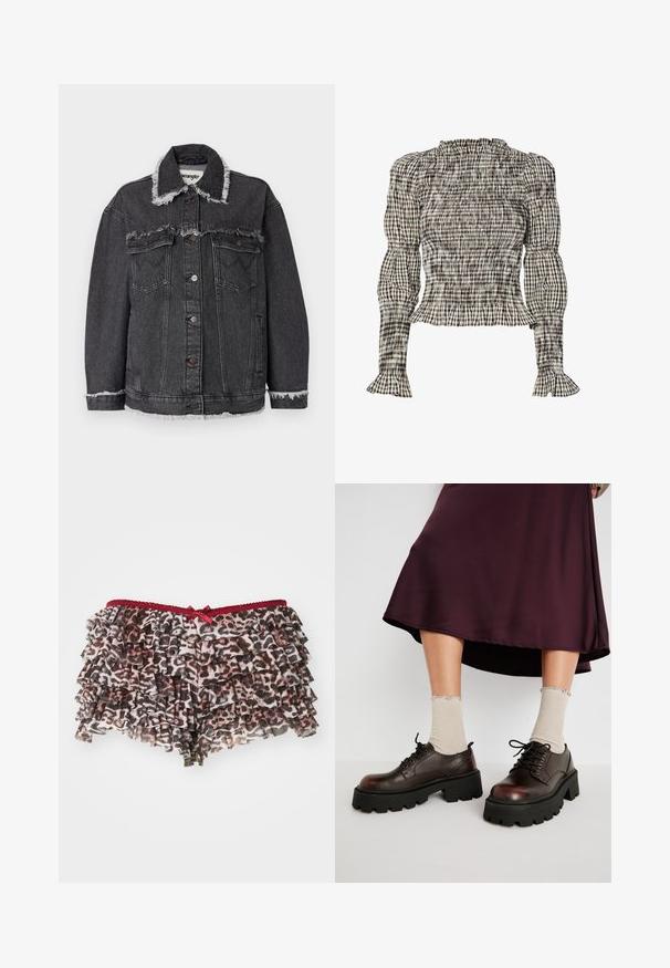 Mustat farkkutakki, jossa on rispaantunut kaulus ja helma, kahdella etutaskulla, nappikiinnitys ja rento leikkaus. Wrangler-logot näkyvät sisäpuolella.; Pusero, jossa on smokkaukset ja ruutumainen kuvio mustassa, valkoisessa ja beigessä. Rypytetty kaula-aukko ja hihansuut, pitkät hihat, lyhyempi malli.; Kukallinen leopardikuvioinen shortsi, jossa on kerrosristetyt helmat, punainen pitsivyötärö ja pieni nauha etuosassa.; Ruskean nahkaiset platform-kengät, joissa on paksut mustat pohjat, yhdistettyinä ribattuihin beigeihin sukkiin, joissa on aaltoilevat reunat, vaaleaa taustaa vasten.