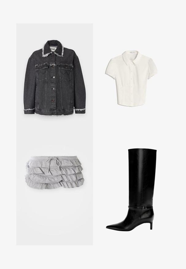 Mustat farkkutakki, jossa on rispaantunut kaulus ja helma, kahdella etutaskulla, nappikiinnitys ja rento leikkaus. Wrangler-logot näkyvät sisäpuolella.; Valkoinen lyhythihainen kauluspaita nappisuljennalla ja pleat-taideteoksilla sivuilla, suunniteltu istuvaksi.; Harmaa röyhelöskirt, jossa on kerroksellinen kangasdesign, naru vyötäröllä, pehmeä tekstuuri, viimeistellyt reunat ja valuva röyhelö.; Mustat nahkasaappaat polven yli, joissa on terävä kärki ja pieni korko. Niissä on kapea hihna metallisoljella nilkan ympärillä. Suora pinta.