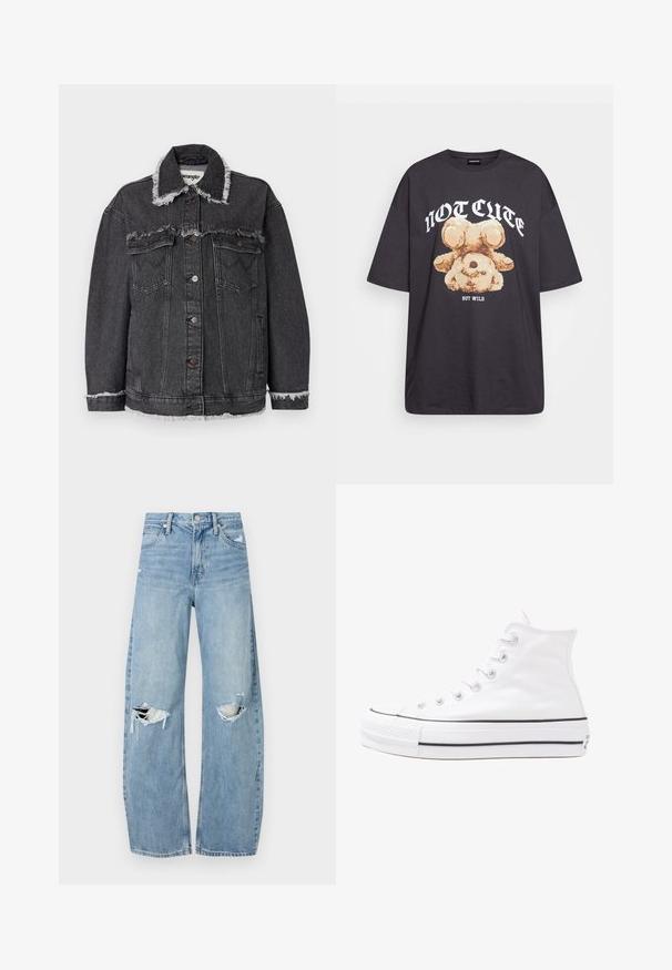 Casaco de ganga preto com colarinho e bainha desfiados, apresentando dois bolsos frontais, fecho de botão e um corte descontraído. Etiqueta Wrangler visível no interior.; T-shirt oversized preto com uma gráfica de um urso e o texto "NÃO FOFO, MAS SELVAGEM" em letras brancas e em negrito. Material em algodão.; Jeans de lavagem clara, de cintura alta, feitos de denim. Apresentam pernas largas, duas áreas rasgadas nos joelhos e o estilo clássico de cinco bolsos.; Sapatilha alta de tela branca com sola de borracha preta, bico de borracha na frente e seis ilhós para os atacadores, apresentando um design limpo e minimalista.