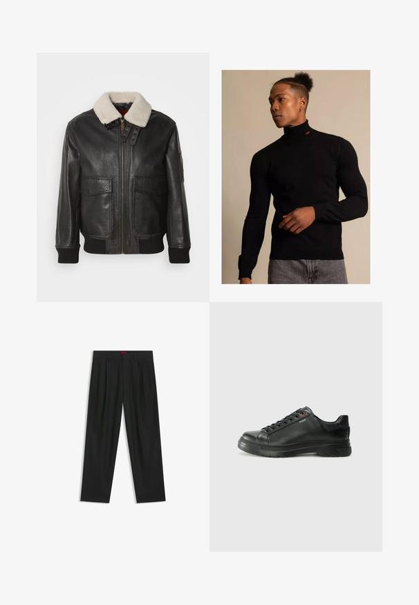 Zwarte leren bomberjack met een witte schapenvacht kraag. Voorzien van een gouden ritssluiting, twee voorzakken, geribbelde manchetten en een gestructureerd ontwerp.; Zwarte coltrui gemaakt van rib materiaal met lange mouwen. Heeft een klein rood logo op de hals. Draag het met een grijze spijkerbroek.; Zwarte broek met een geplooid ontwerp, wijde pijpen en een zachte textuur. Voorzien van een rode taillebandlabel.; Zwarte leren sneaker met een gestructureerde bovenkant, gevoerde kraag en rode logo-details. Heeft een dikke rubberen zool met een opvallend loopvlakpatroon.