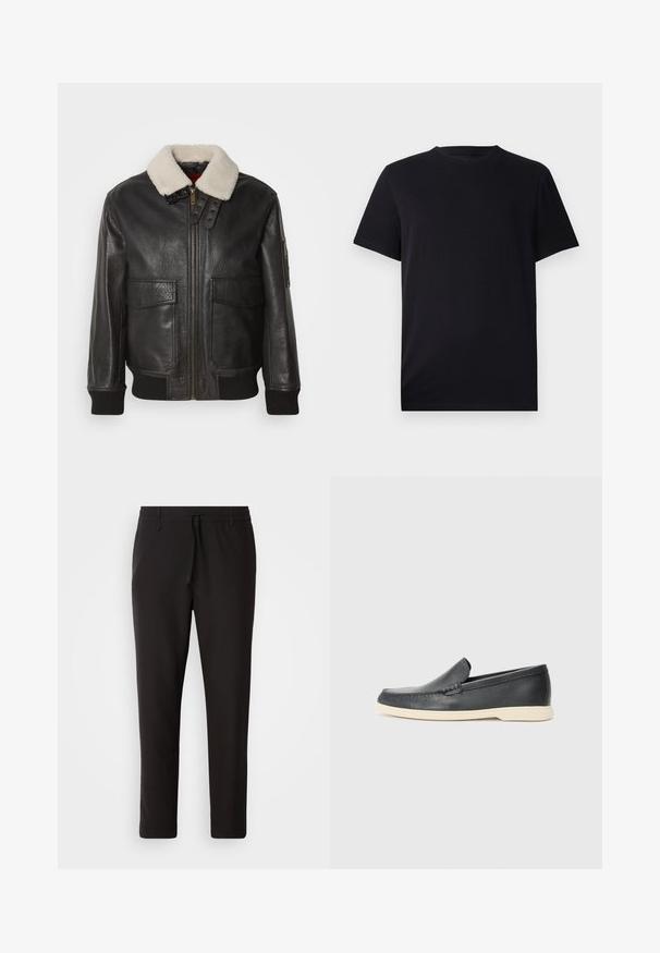 Schwarze Leder-Bomberjacke mit einem weißen Schafslederkragen. Verfügt über einen goldenen Reißverschluss, zwei Fronttaschen, gerippte Bündchen und ein strukturiertes Design.; Schwarzes Kurzarm-T-Shirt aus glattem Baumwollstoff, mit Rundhalsausschnitt und klassischer Passform, ohne Muster oder sichtbare Hardware.; Schwarze Jogginghose aus glattem Stoff. Mit einem elastischen Bund und Kordelzug, schmal zulaufenden Beinen und ohne sichtbare Taschen. Einfaches Design.; Schwarze Leder-Slipper mit strukturiertem Finish und einer kontrastierenden beige Gummisohle. Mit einem dezenten Akzent an der Vorderseite.