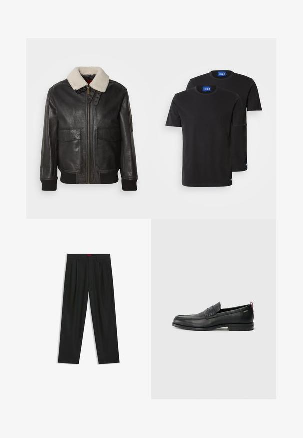 Zwarte leren bomberjack met een witte schapenvacht kraag. Voorzien van een gouden ritssluiting, twee voorzakken, geribbelde manchetten en een gestructureerd ontwerp.; Twee zwarte katoenen T-shirts met ronde hals, korte mouwen en blauwe "HUGO" labels op de kragen en zijsplitten.; Zwarte broek met een geplooid ontwerp, wijde pijpen en een zachte textuur. Voorzien van een rode taillebandlabel.; Zwarte leren instappers met een textuur aan de voorkant en gladde zijden. Voorzien van een slanke hak en een lus aan de achterkant voor gemakkelijk aan- en uittrekken. Klassiek ontwerp.