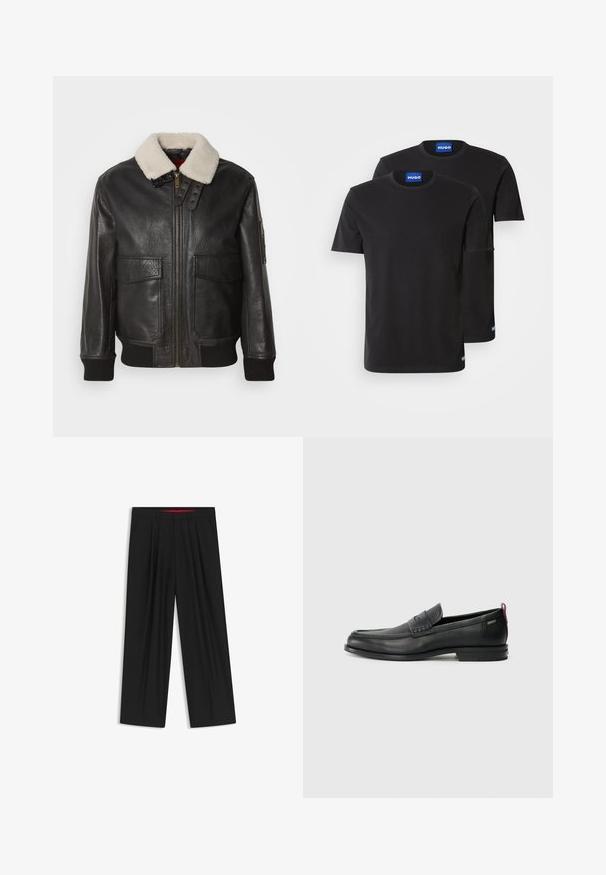 Giacca bomber in pelle nera con colletto in shearling bianco. Presenta una zip dorata, due tasche anteriori, polsini a costine e un design strutturato.; Due magliette di cotone nere con scollatura rotonda, maniche corte e etichette blu "HUGO" sui colli e sui bordi laterali.; Pantaloni neri a gamba larga con fronte piatto, due tasche laterali, design plissettato e un elastico in vita di colore rosso a contrasto.; Mocassini in pelle nera con un pannello anteriore testurizzato e lati lisci. Presentano un tacco sottile e un anello sul retro per una vestibilità facile. Design classico.