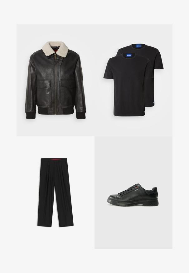 Mustat nahkabomberitakki valkoisella lampaanvillakauluksella. Sisältää kultaisen vetoketjun, kaksi etutaskua, ribbed-hihansuut ja rakenteellisen muotoilun.; Kaksi mustaa puuvillapaitaa, joissa on pyöreät kaula-aukot, lyhyet hihat ja siniset "HUGO" -tarrat kaula-aukossa ja sivusaumassa.; Musta leveälahkeinen housu, jossa on litteä etuosa, kaksi sivupistettä, laskostettu muotoilu ja kontrastivärinen punainen vyötärön sisäosa.; Musta nahkakengät, joissa on teksturoidun pinnan, pehmustettu kaulus ja punainen logo. Kengissä on paksu kumipohja, jossa on selkeä uramalli.