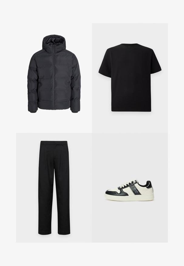 Sort polstret jakke med hætte, der har en frontlynlås, elastiske manchetter og en glat, vandafvisende overflade.; Sort kortærmet T-shirt lavet af tekstureret stof, med rund halsudskæring og en afslappet pasform. Enkel, uden mønstre eller accenter.; Sorte bukser lavet af glat stof, med et lige ben-design, to frontfolder og en standard talje med bæltestropper.; Lædersneakers i sort og creme farveskema, med perforerede detaljer, en polstret krave og en struktureret ydersål.