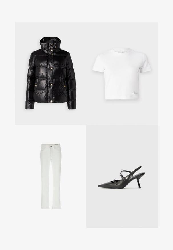 JOOP! Ziemas jaka - black; Balts īsais T-krekls, izgatavots no gludas kokvilnas, ar augstu kakla izgriezumu un īsām piedurknēm. Neliels izšūts logo apakšējā stūrī.; Balti džinsi ar slim fit piegriezumu, 5 kabatu dizainu un kontrastējošu šuvju. Iespēju klāstā ir pogu aizdare un smalka zīmola etiķete uz jostas.; Melnas ādas slingback papēži ar norādītu purngalu, izsmalcinātu papēdi un dekoratīvu sprādzi uz priekšpuses. Gluda tekstūra un elegants dizains.