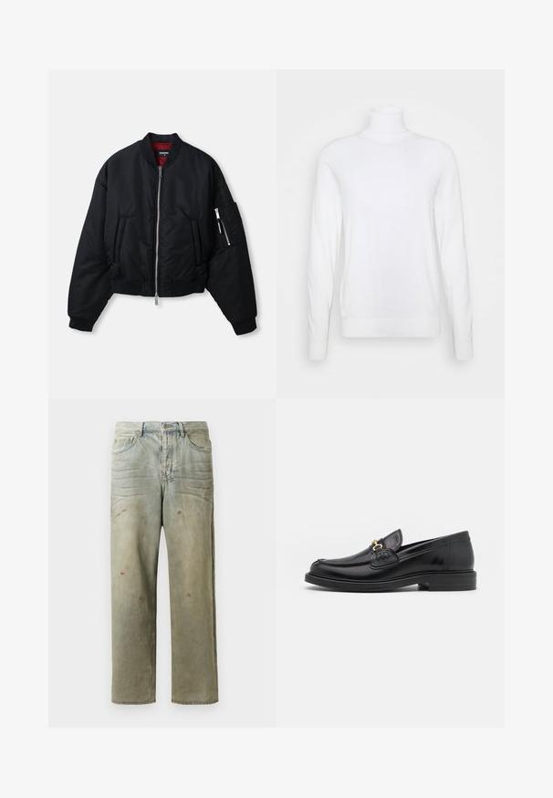 Black bomber jacket with silver front zipper, two side pockets, zippered sleeve pocket, ribbed cuffs, and red inner lining.; White turtleneck sweater with long sleeves, made of smooth fabric. Features a fitted design and ribbed cuffs and hem. No patterns or accents.; Distressed denim jeans in light green, featuring a straight leg, five-pocket design, and uneven fading with paint splatters.; Black leather loafers with a rounded toe, featuring gold hardware accent and stitching detail, set on a low, textured rubber sole.