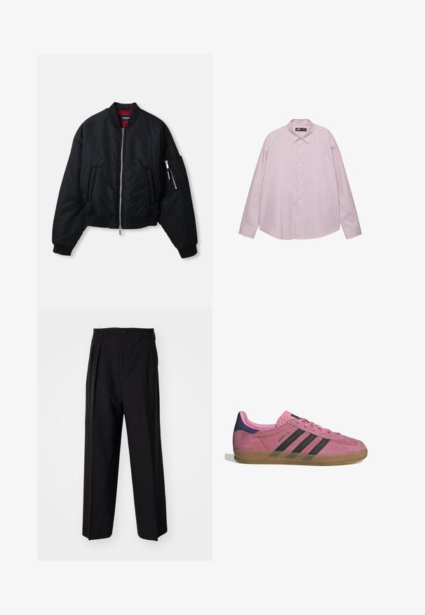 Zwarte bomberjack met zilveren voorkeursrits, twee zijzakken, een ritszak op de mouw, ribbels aan de mouwen en een rode voering.; Lichtroze button-up overhemd met verticale blauwe strepen, kraag, lange mouwen en een losse pasvorm. Gemaakt van een soepele stof met een lichte glans.; Zwarte geplooide broeken met een rechte, brede pijpontwerp. Gemaakt van soepele stof, met een knoopsluiting en riemlussen.; Roze suède sneaker met zwarte strepen, rubberen zool en textuur op de paarse hak. Voorzien van een vetersluiting en opgedrukte merknaam aan de zijkant.
