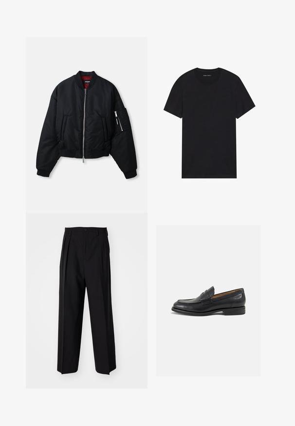 Veste bomber noire avec fermeture éclair avant argentée, deux poches latérales, poche zippée sur la manche, poignets côtelés et doublure intérieure rouge.; T-shirt en coton noir à manches courtes et col rond. Le tissu a une texture lisse et un design simple et uni.; Pantalons plissés noirs avec un design droit et large. Fabriqués en tissu lisse, avec une fermeture à bouton et des passants de ceinture.; Mocassins en cuir noir avec une finition lisse, bout rond et coutures décoratives sur la tige. Talon bas empilé et léger brillant.