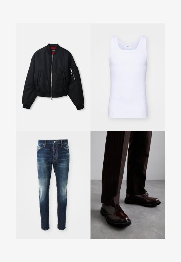 Black bomber jacket with silver front zipper, two side pockets, zippered sleeve pocket, ribbed cuffs, and red inner lining.; White cotton sleeveless tank top with a round neckline, featuring a smooth texture and a fitting shape, designed for casual wear.; Dark blue denim jeans with a slim fit, featuring faded areas on the thighs and knees, five pockets, and a metal button closure.; Brown leather lace-up shoes with a glossy finish, black rubber sole, and subtle stitching. Worn with pinstriped brown trousers.