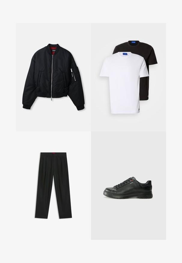 Black bomber jacket with silver front zipper, two side pockets, zippered sleeve pocket, ribbed cuffs, and red inner lining.; Two T-shirts stacked: one white and one black. Short sleeves, round necklines, cotton fabric. Features a small blue logo at the neckline.; Black trousers with a pleated design, wide leg shape, and a smooth texture. Features a red waistband tag.; Black leather sneaker with textured upper, padded collar, and red logo detail. Features a thick rubber sole with distinct tread pattern.